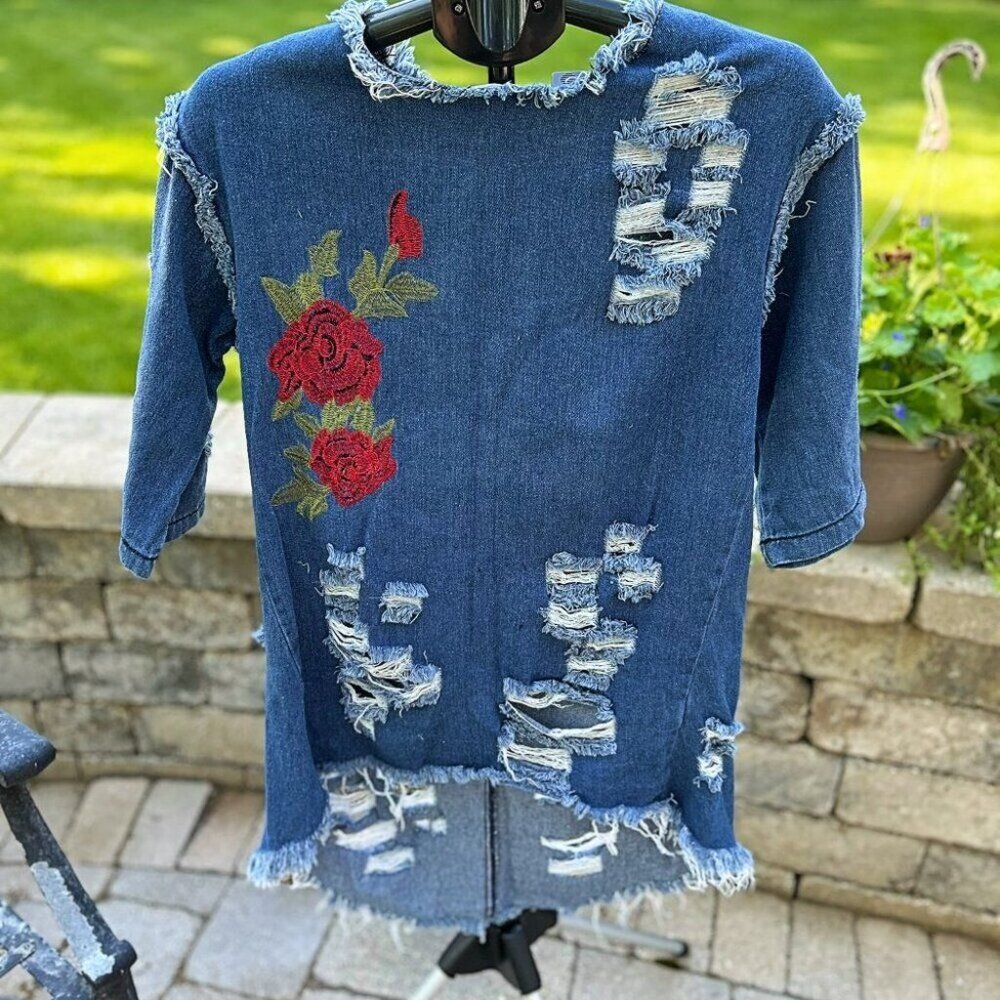 THRILL Denim Embroidered Distressed High-Low Mini Dress Size L - Picture 10 of 11